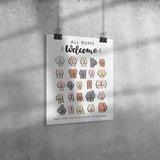ALL BUMS WELCOME Bathroom Art Poster 11x14, Glossy or Matte