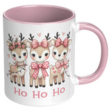 Cute Pink Christmas Reindeer HO HO HO 11oz COFFEE MUG, Plain White or Color Accent