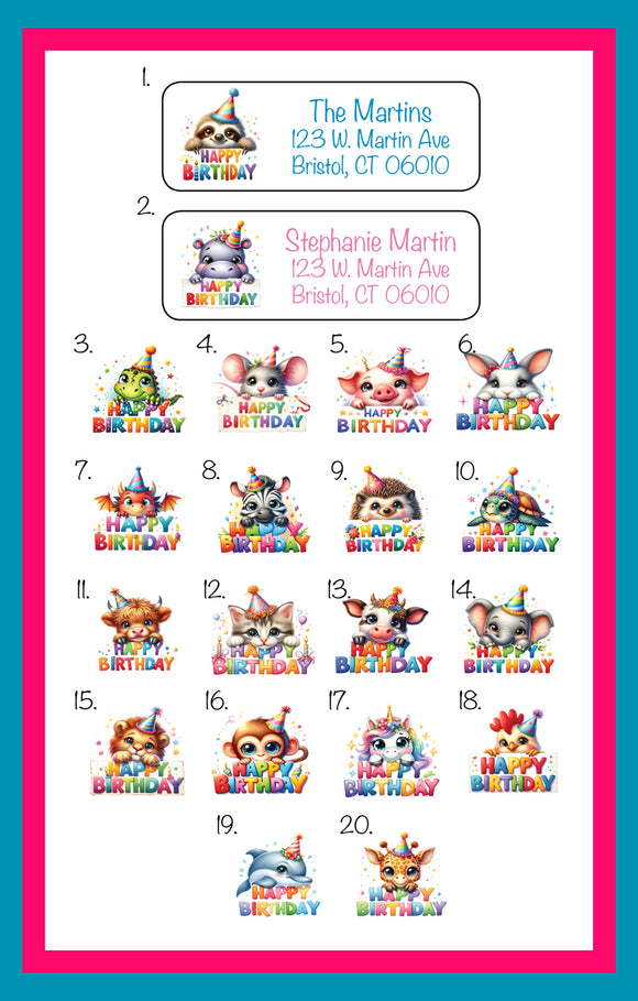 Personalized Happy BIRTHDAY ANIMALS ADDRESS Labels, Sets of 30 Personalized Return Labels