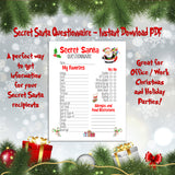 Secret Santa Questionnaire Printable, Instant Download Secret Santa Form, Holiday Gift Exchange PDF, Digital Download