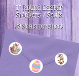 Easter Design Seals Stickers, 1" Round Envelope Seals, Easter Bunny, Easter Eggs