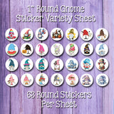 1" Round Garden Gnomes Designs Stickers / Seals, 63 Seals Stickers