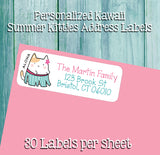 Summer Kitty Cats Address Labels, 30 Return Address Labels per sheet, Kawaii Kitties, Personalized, Everyday Labels