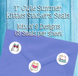 Cute Summer Kitty Cat Designs Stickers Seals, 63 Round 1" Stickers / Seals, Kawaii