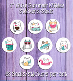Cute Summer Kitty Cat Designs Stickers Seals, 63 Round 1" Stickers / Seals, Kawaii