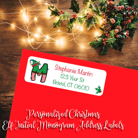 Personalized CHRISTMAS ELF INITIAL Return ADDRESS Labels - Monogram, Initial, Sets of 30