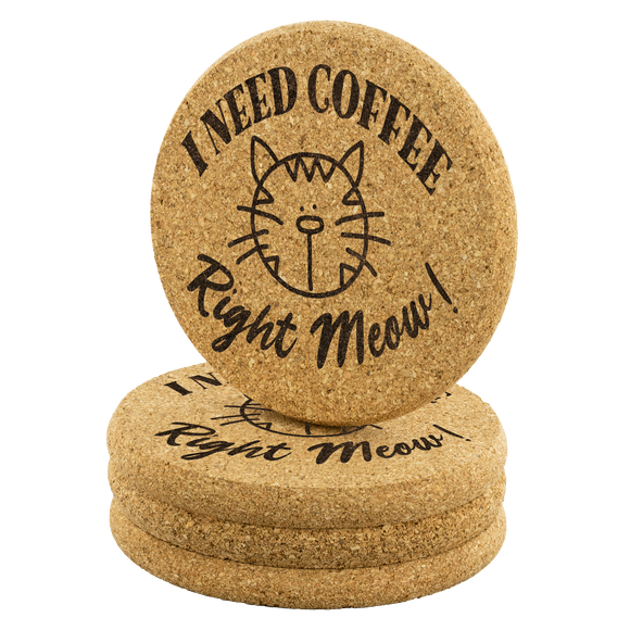 I Need Coffee Right Meow 4pc Set of Cork Coasters, Cat Design
