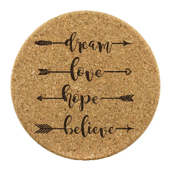 Dream, Love, Hope, Believe 4pc Set of Cork Coasters, Arrows