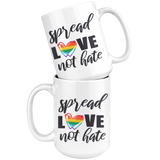 SPREAD LOVE NOT HATE Rainbow Heart Coffee Mug, LGBTQ Pride, 11oz or 15oz