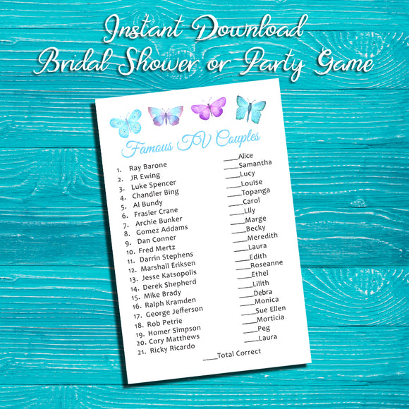FAMOUS TV COUPLES Shower GAME, Instant Download, Bridal / Wedding Shower Game, Home Parties - J & S Graphics
