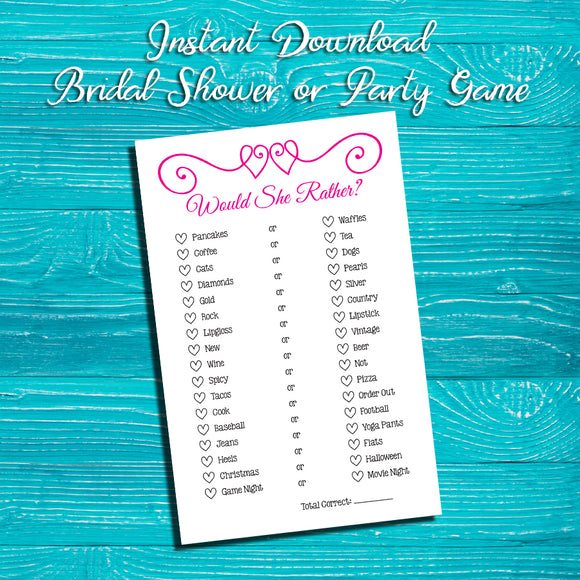WOULD SHE RATHER Shower GAME, Instant Download, Bridal / Wedding Shower Game, Home Parties - J & S Graphics