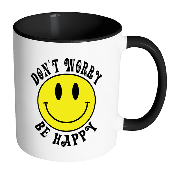 RETRO DON'T WORRY BE HAPPY SMILEY FACE Color Accent Coffee Mug - J & S Graphics