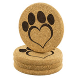 PAW Heart Print 4pc Set of Cork Coasters, Love Dogs, Love Cats