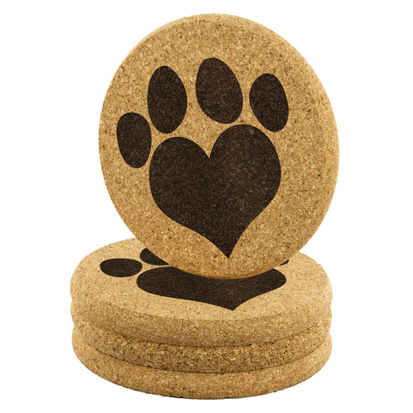 PAW Heart Print 4pc Set of Cork Coasters, Love Dogs, Love Cats