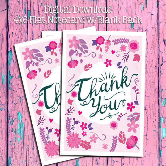 PINK FLORAL THANK YOU Note CARDS, Digital Printable, Instant Download - J & S Graphics