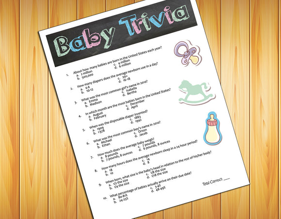 BABY TRIVIA Baby Shower GAME, Instant Download Digital File, Chalkboard Design - J & S Graphics