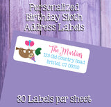Birthday Sloth Address Labels and Matching Seals, Sets of 30, Personalized Labels