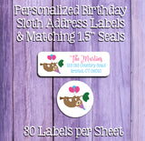 Birthday Sloth Address Labels and Matching Seals, Sets of 30, Personalized Labels