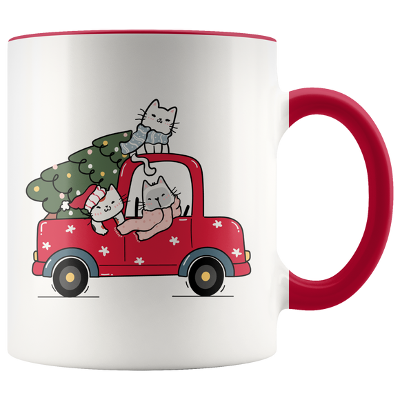 CATS in TRUCK with CHRISTMAS TREE 11oz Color Accent Coffee Mug