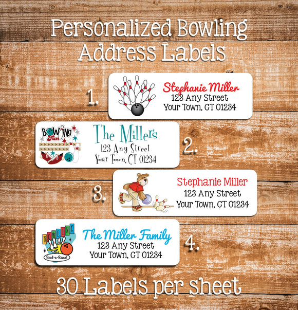 BOWLING Return Address Labels, Bowl, Ball, Ten Pin, Personalized - J & S Graphics