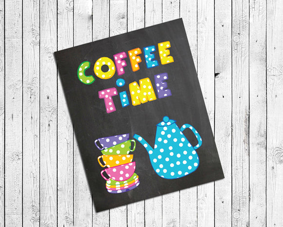 COFFEE TIME 8x10 Kitchen Wall Art Decor PRINT Faux Chalkboard Design - J & S Graphics