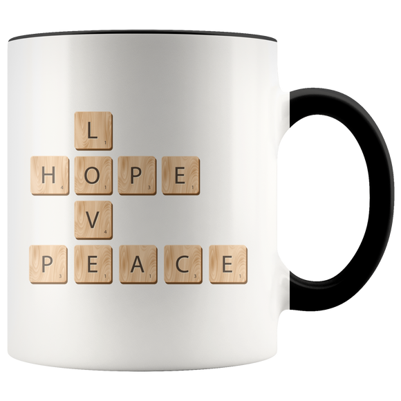 PEACE LOVE HOPE Scrabble Pieces 11oz Color Accent COFFEE MUG