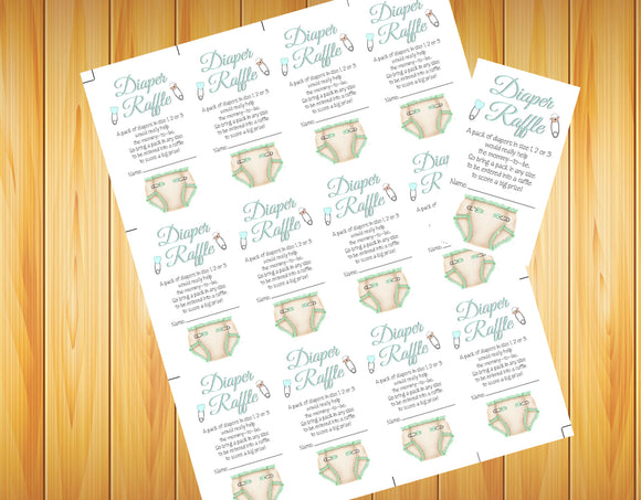 Baby Shower DIAPER RAFFLE TICKETS Invitation Inserts, Fun, Instant Download Digital File, Pink, Blue, Mint or Lavender - J & S Graphics