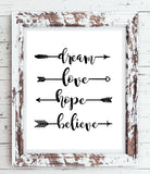 DREAM LOVE HOPE BELIEVE Quote Instant Download Digital Faux Chalkboard Design Typography Wall Decor - J & S Graphics
