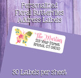 Floral Butterflies Return Address Labels Sets of 30 Labels, Personalized Butterfly Labels