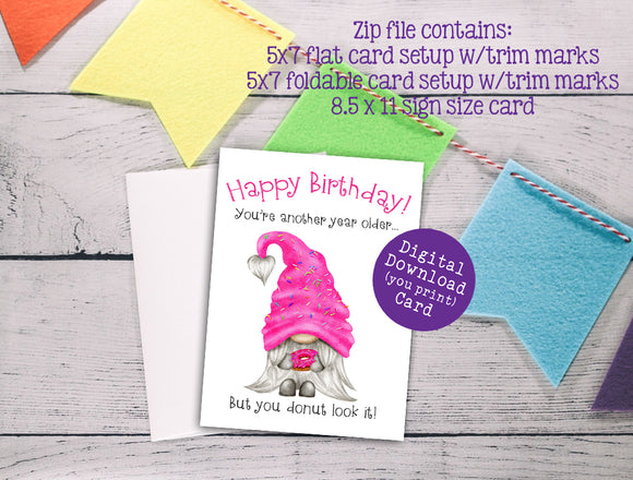 Pink DONUT GARDEN GNOME BIRTHDAY CARD, Digital Printable, Instant Download, 3 Sizes in Zip