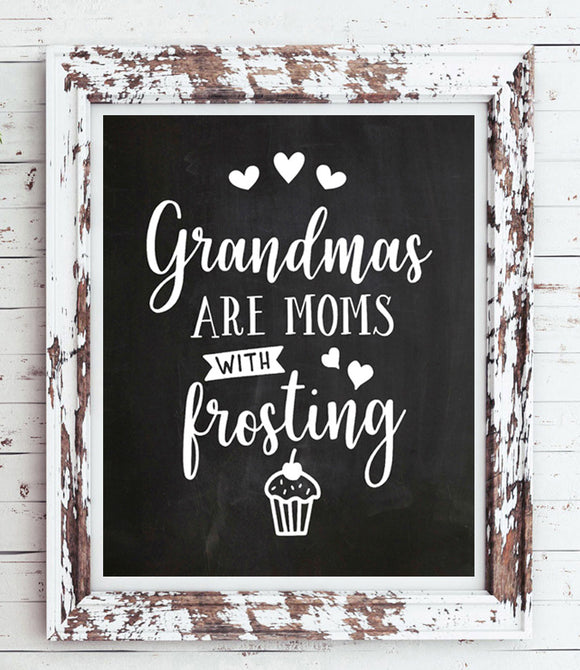 GRANDMAS ARE MOMS WITH FROSTING 8x10 Design Wall Decor Art with Faux Chalkboard background Printable Instant Download - J & S Graphics