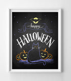 Happy Halloween Black Cat and Full Moon Instant Download Wall Decoration 8x10 Typography Art Faux Chalkboard - J & S Graphics