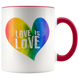LOVE IS LOVE Rainbow Heart 11oz White Color Accent Coffee Mug - J & S Graphics
