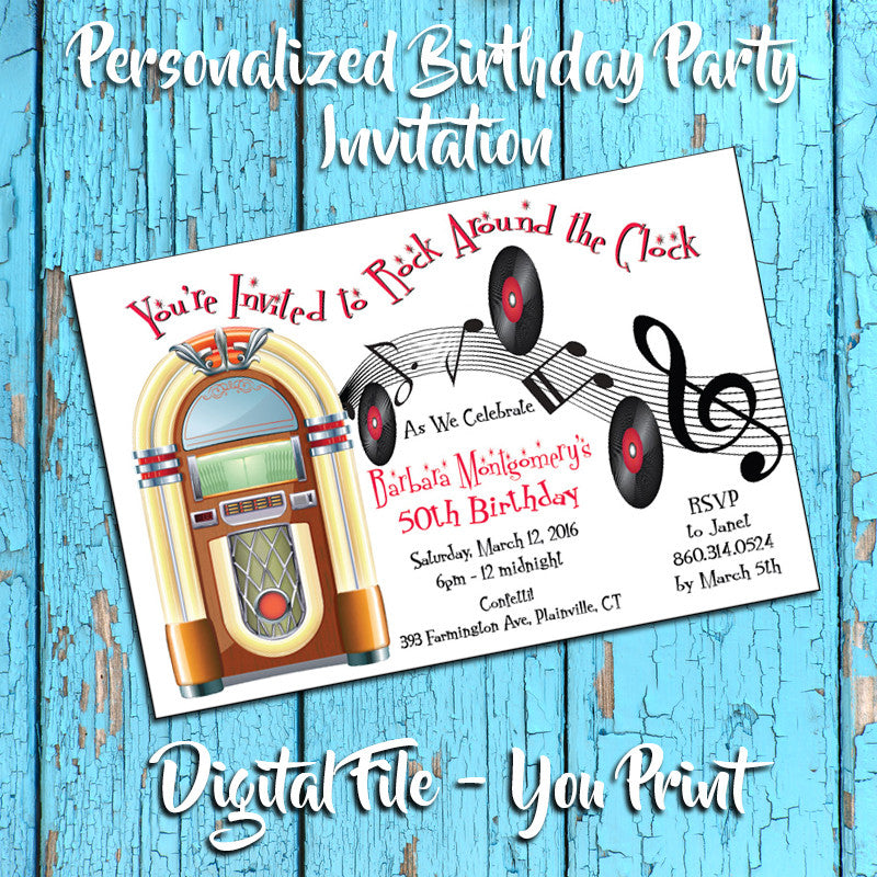 Printable 50's Theme Personalized Birthday Party Invitation, Juke Box printable-50-s-theme-personalized-birthday-party-invitation-juke-box