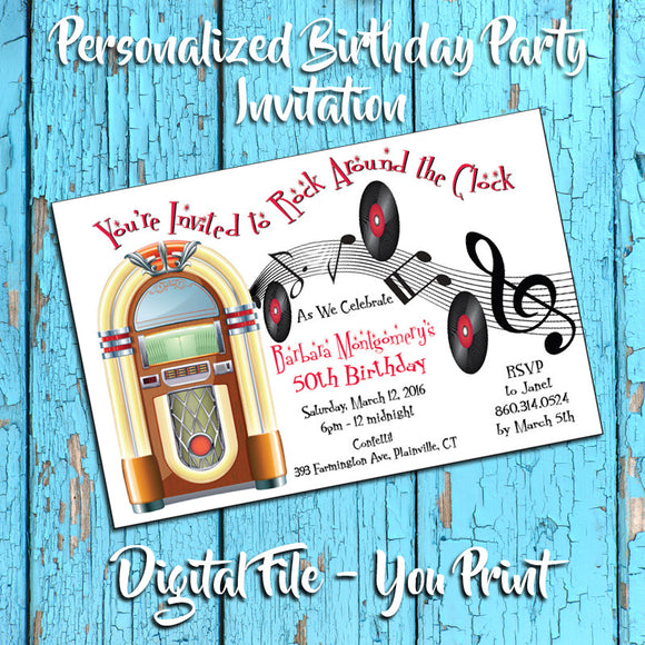 Printable 50's Theme Personalized Birthday Party Invitation, Juke Box - DIGITAL FILE - J & S Graphics