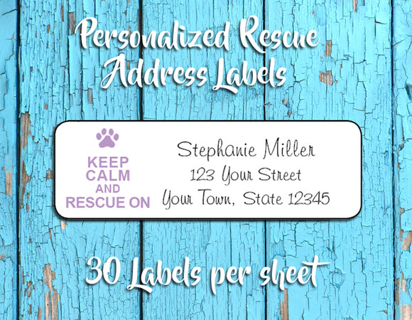 Personalized KEEP CALM and RESCUE ON Address Labels, Return Address Labels, Animal Rescue - J & S Graphics