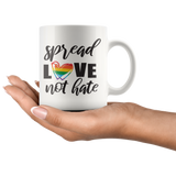SPREAD LOVE NOT HATE Rainbow Heart Coffee Mug, LGBTQ Pride, 11oz or 15oz