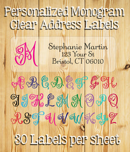 Personalized CLEAR Return ADDRESS Labels - Monogram with Heart, Wedding, Newlyweds, Sets of 30 - J & S Graphics