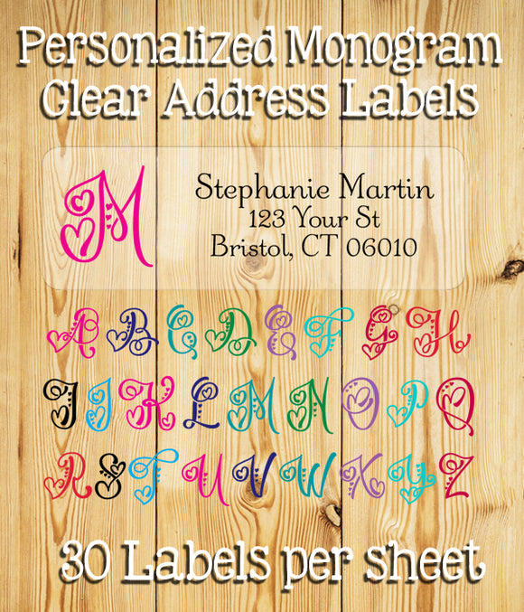 Personalized CLEAR Return ADDRESS Labels - Monogram with Heart, Wedding, Newlyweds, Sets of 30 - J & S Graphics