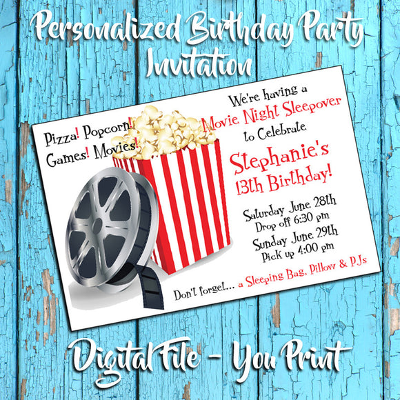 Printable MOVIE Theme Personalized Birthday Party Invitation, Sleepover - DIGITAL FILE - J & S Graphics