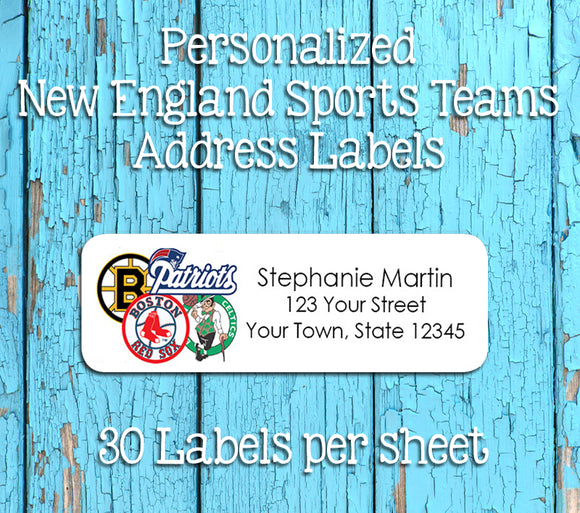 Personalized New England Sports Return Address Labels, Boston Teams Sox, Pats, Bruins, Celtics