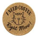 I Need Coffee Right Meow 4pc Set of Cork Coasters, Cat Design
