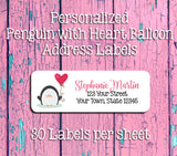 Penguin with Heart Balloon Personalized Address Labels, Sets of 30