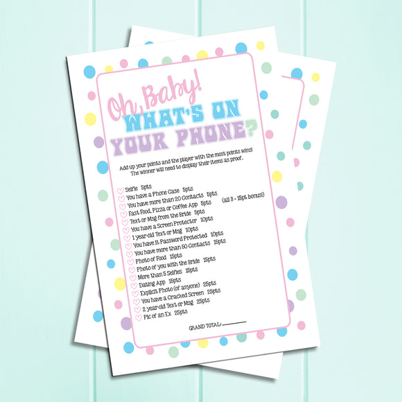 WHAT'S ON YOUR PHONE BABY Shower GAME, Instant Download, Baby Shower / Sprinkle Game, Home Parties - J & S Graphics