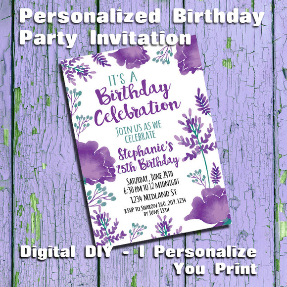 Printable Purple Flowers Personalized Birthday Party Invitation - DIGITAL FILE - J & S Graphics