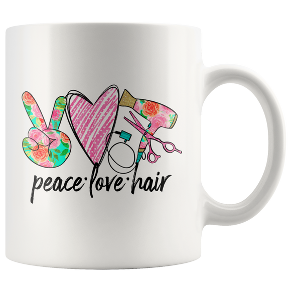 PEACE, LOVE, HAIR 11oz or 15oz COFFEE MUG, Hairdresser