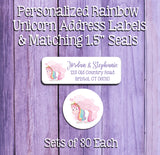 RAINBOW UNICORN Address Labels and or Matching Seals, Sets of 30, Personalized Labels