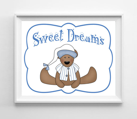 Sweet Dreams Nursery 8x10 Wall Art Decor PRINT, Boy Teddy Bear - J & S Graphics