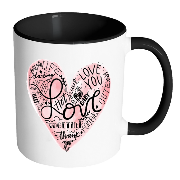 HEART FULL OF LOVE WORDS Color Accent Coffee Mug - J & S Graphics