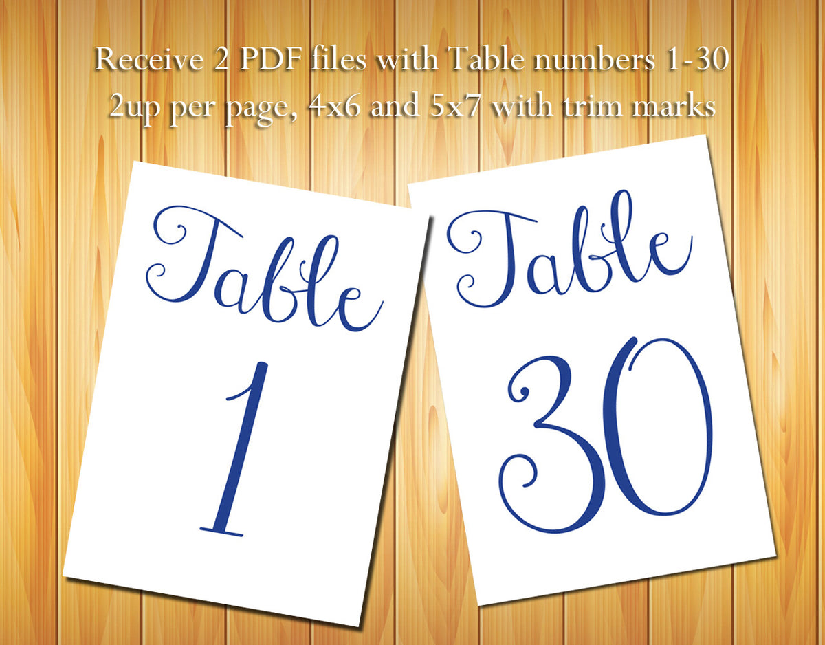 Table Numbers 1-30, Navy Blue Script - DIY Printable Table Numbers for